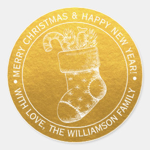 Sticker Rond Chaussette de Noël Vintage Vœux de Fêtes Or