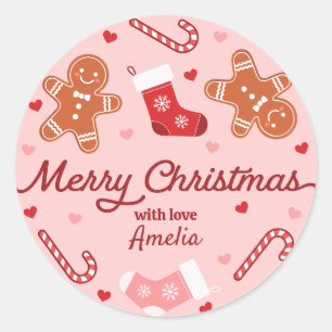 Sticker Rond Chaussettes Bonbon au Gingembre Rose Noël