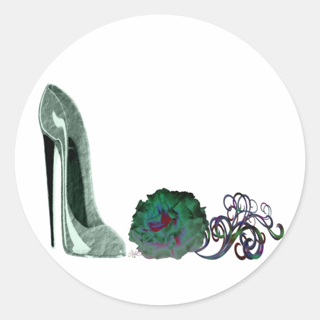 Sticker Rond Chaussure de stiletto vert et art rose (Devant)