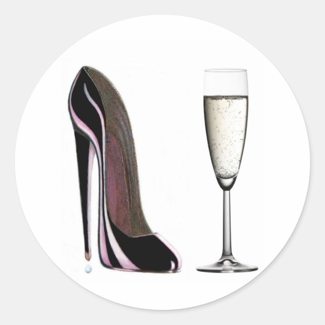 Sticker Rond Chaussure Stiletto Noir et verre Champagne (Devant)