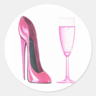 Sticker Rond Chaussure Stiletto Rose et verre Champagne