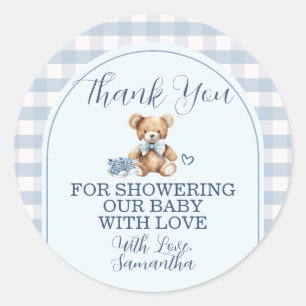 Sticker Rond Chaussures de bébé ours en vichy bleu Baby Shower