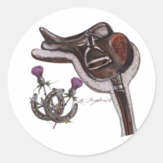 Sticker Rond chaussures de cheval, chardons et selle (Devant)