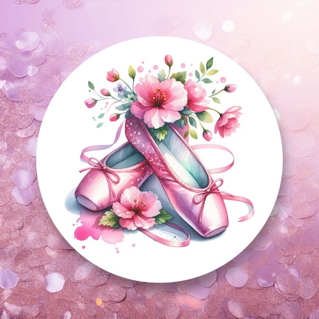 Sticker Rond Chaussures et fleurs en Ballet Rose (Créateur téléchargé)