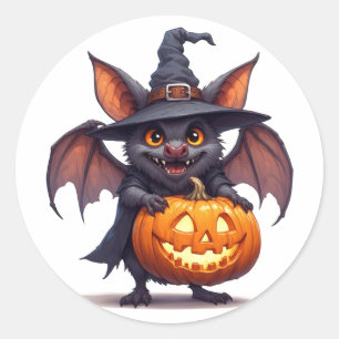 Sticker Rond Chauve-souris de sorcière hantée avec lanterne cit