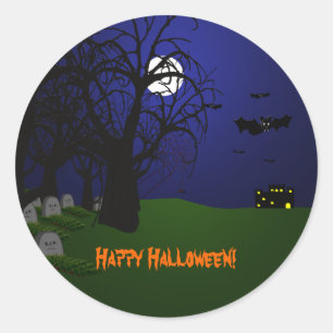 Sticker Rond Chauve-souris d'Halloween et cimetière