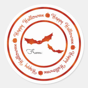 Sticker Rond Chauves-souris Joyeux Halloween Orange Brillant Pa