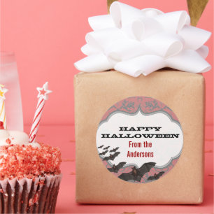 Sticker Rond Chauves-souris vintages Damas rose et gris