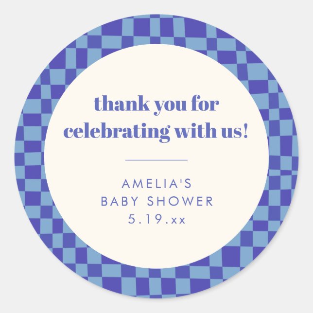 Sticker Rond Checkerboard Blue Custom Baby Shower Thank You (Devant)