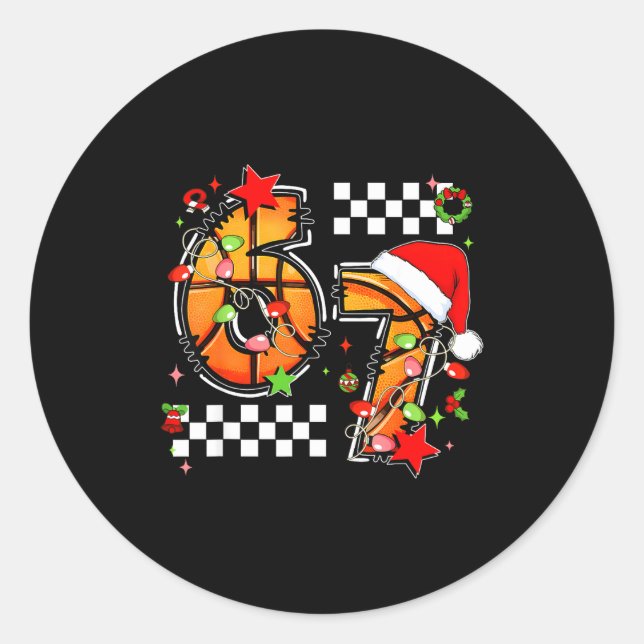 Sticker Rond Checkered 67 Basketball Santa Hat Christmas Six Se (Devant)