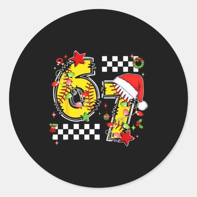 Sticker Rond Checkered 67 Softball Santa Hat Christmas Six Seve (Devant)