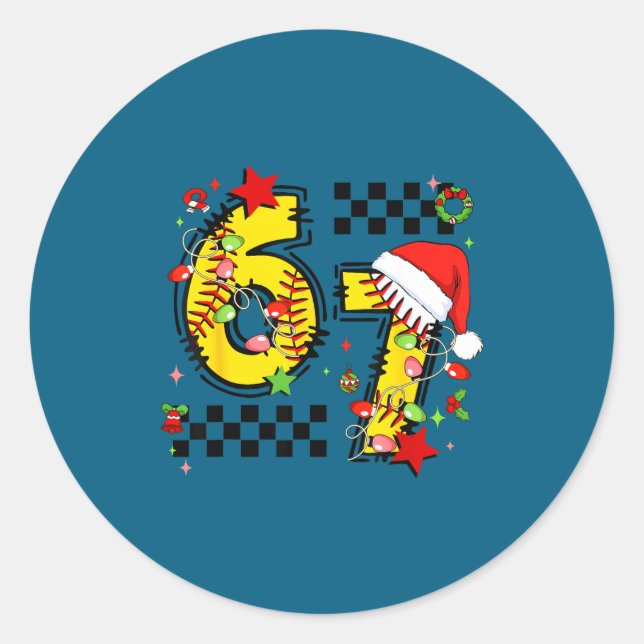 Sticker Rond Checkered 67 Softball Santa Hat Christmas Six Seve (Devant)