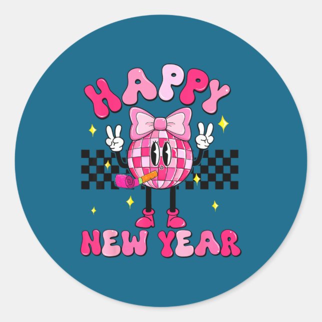 Sticker Rond Checkered Happy New Year 2026 Disco Ball New Year  (Devant)