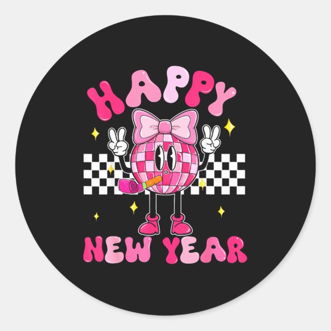 Sticker Rond Checkered Happy New Year 2026 Disco Ball New Year  (Devant)