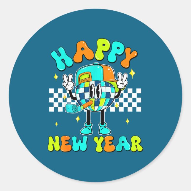 Sticker Rond Checkered Happy New Year 2026 Disco Ball New Year  (Devant)