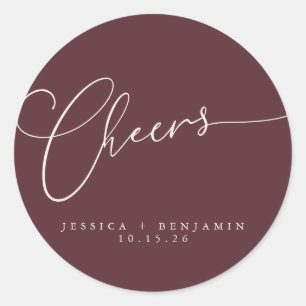 Sticker Rond Cheers Minimal Burgundy Script personnalisé mariag