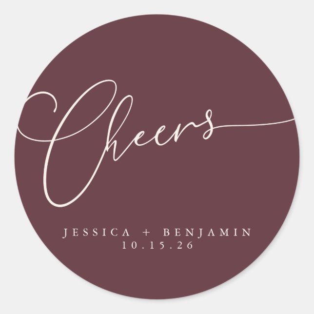 Sticker Rond Cheers Minimal Burgundy Script personnalisé mariag (Devant)
