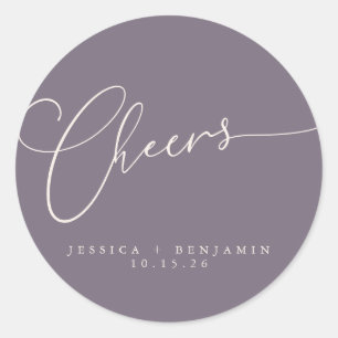 Sticker Rond Cheers Minimal Dusty Purple Script Personnalisé Ma