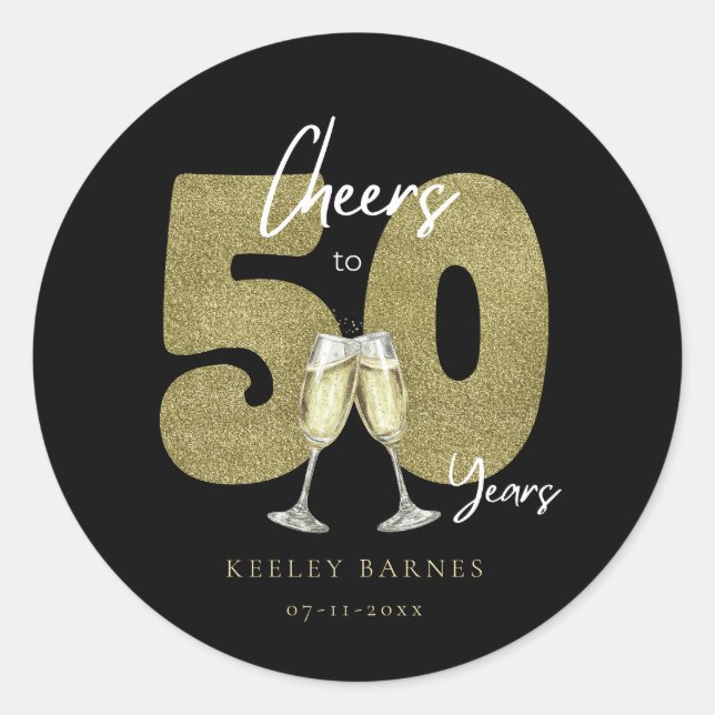 Sticker Rond Cheers To 50 Years Black Gold Birthday Party (Devant)
