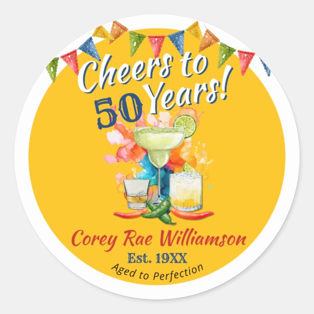 Sticker Rond Cheers to 50 Years Fiesta Aged to Perfection (Devant)