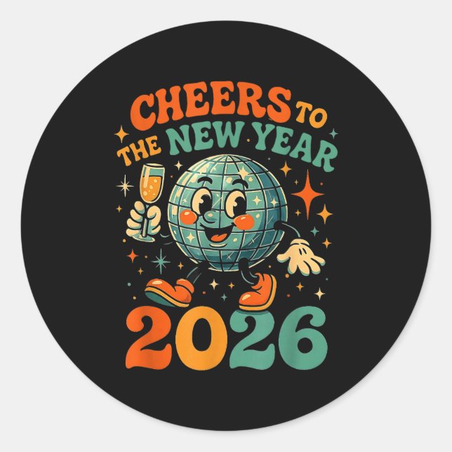 Sticker Rond Cheers To The New Year 2026 Retro Disco Gift  (Devant)