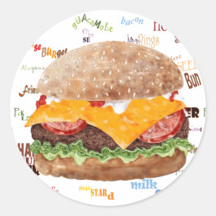 Sticker Rond Cheeseburger BBQ Grill Restauration rapide