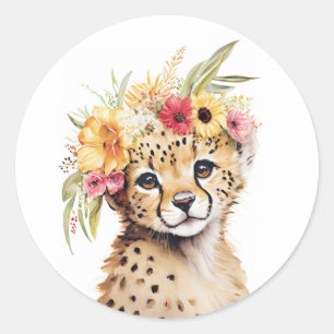Sticker Rond Cheetah Flower Crown Art Imprimer Watercolor Nurse