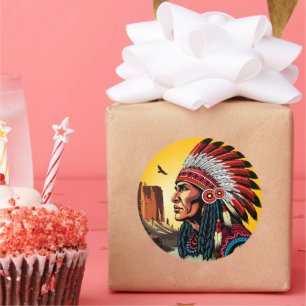 Sticker Rond Chef amérindien sur paysage sauvage coucher de sol