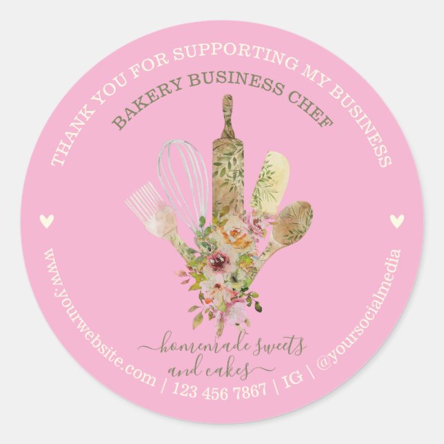 Sticker Rond Chef de boulangerie de catering rustique rose mign (Devant)