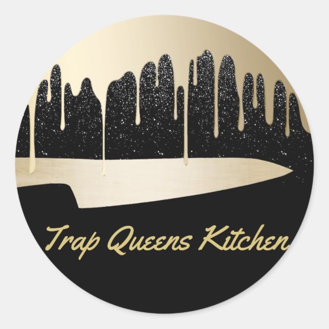 Sticker Rond Chef Knife Restaurant Moderne Noir & Or (Devant)