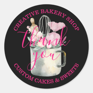 Sticker Rond Chef Pâtissier Boulangerie cute rose noir merci
