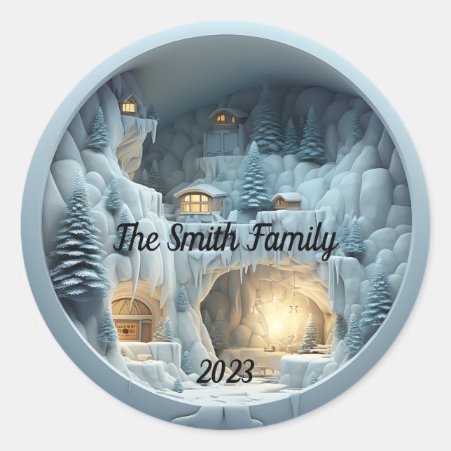 Sticker Rond Cheminée de neige de Noël 3D (Devant)