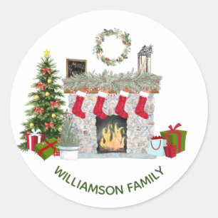 Sticker Rond Cheminée de Noël joyeux Nom de famille