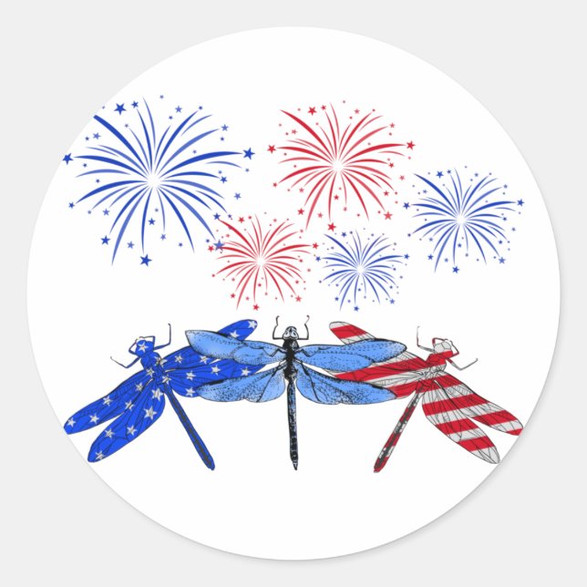 Sticker Rond Chemise à drapeau américain à trois libellules 4 j (Devant)