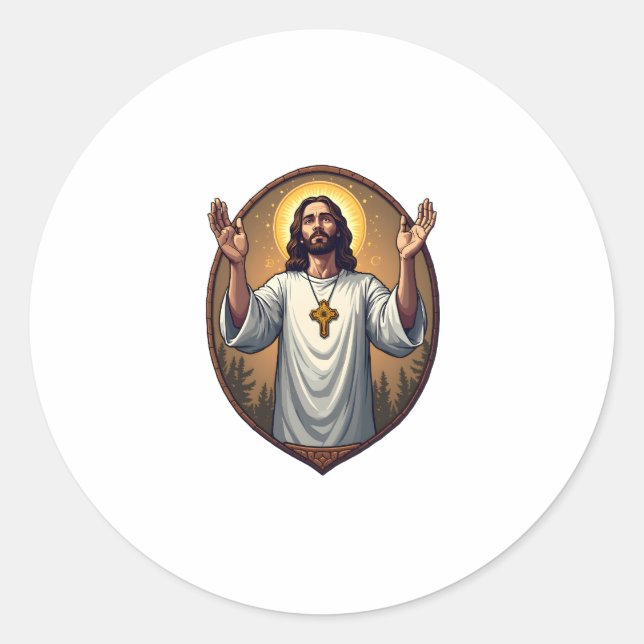 Sticker Rond Chemise blanche gravée Christ Alpha Oméga 2 (Devant)