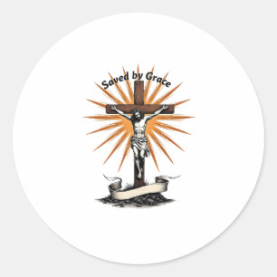 Sticker Rond Chemise chrétienne gravure vintage croix Jésus foi