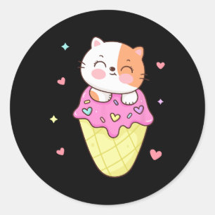Sticker Rond Chemise Crème Glace Cute Cat Anime Kawaii Enfants