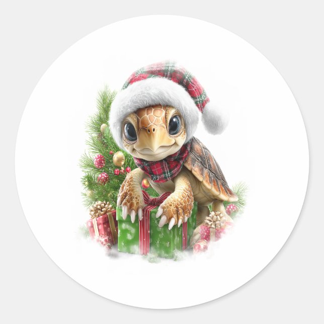 Sticker Rond Chemise de la tortue de mer Noël Santa Hat (Devant)