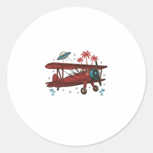 Sticker Rond Chemise de voyage tropicale UFO Biplan vintage Des