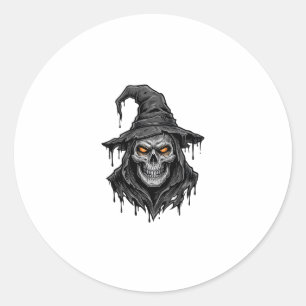 Sticker Rond Chemise Halloween Chapeau De Sorcière Crâne Gravur