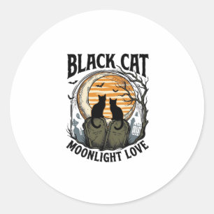Sticker Rond Chemise Halloween Chat Noir Vintage Lune Cimetière