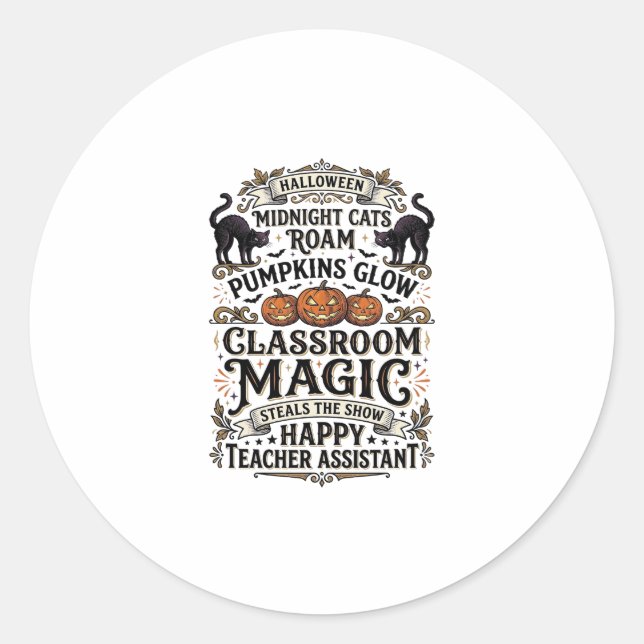 Sticker Rond Chemise Halloween d'adjoint d'enseignant avec chat (Devant)