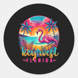 Sticker Rond Chemise Key West Floride Flamant Rose Plage Tropic