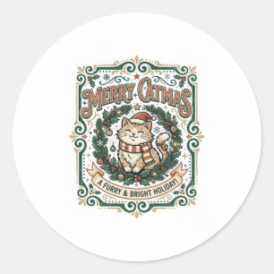 Sticker Rond Chemise Merry Catmas Chat Noël Vintage Vector Art