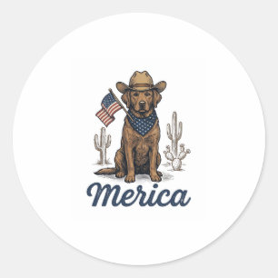 Sticker Rond Chemise Vintage Merica Cowboy Chien Drapeau Améric