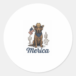 Sticker Rond Chemise Vintage Merica Cowboy Chien Drapeau Améric