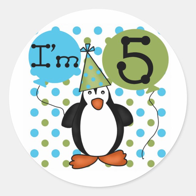 Sticker Rond Chemises et cadeaux d'anniversaire du 5e Penguin (Devant)