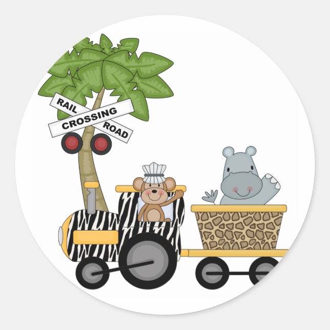 Sticker Rond Chemises et cadeaux de train singe et hippo (Devant)