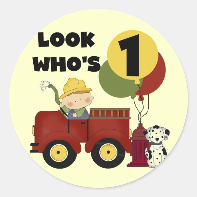 Sticker Rond Chemises et cadeaux Fireman 1er anniversaire (Devant)