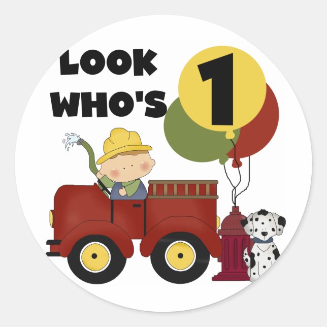 Sticker Rond Chemises et cadeaux Fireman 1er anniversaire (Devant)